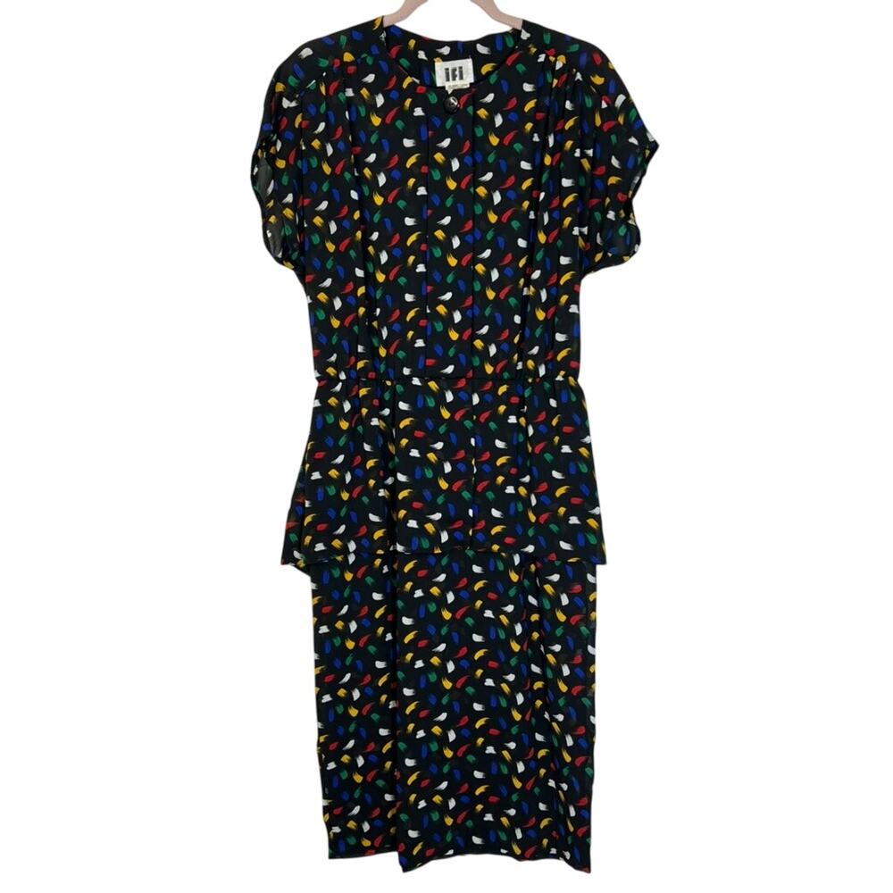 Vintage 80s ifi Black Multi Color Semi Sheer Elastic Waist Midi Dress Size 14